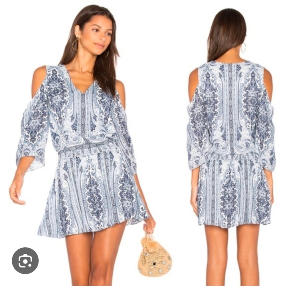 Alice + Olivia Jolene Paisley Cold Shoulder Mini Dress Blue White Boho